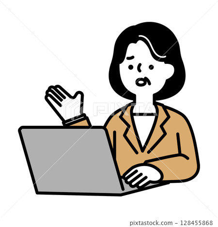 Image illustration of a middle-aged and senior woman with a troubled face having an online conversation 128455868