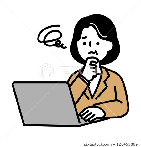 Illustration material of a middle-aged and senior woman who is worried while operating a computer 128455869