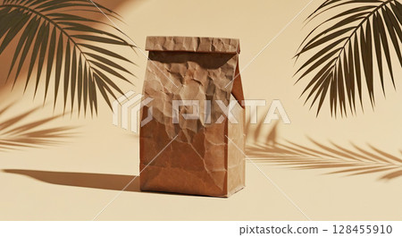 Generic bag of coffee beans with empty space for label on beige background with shadows from palm leaves 128455910