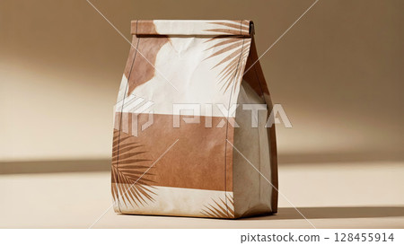 Generic bag of coffee beans with empty space for label on beige background with shadows from palm leaves Generic bag of coffee beans with empty space for label on beige background with shadows from palm leaves 128455914