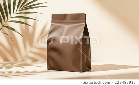 Generic bag of coffee beans with empty space for label on beige background with shadows from palm leaves 128455915