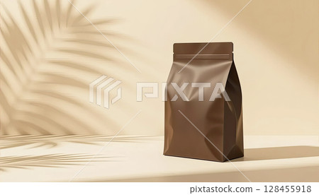 Generic bag of coffee beans with empty space for label on beige background with shadows from palm leaves 128455918