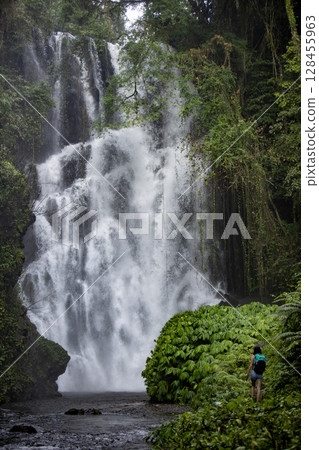 Waterfall hidden in the tropical jungle. Bali. Tropical Nature background 128455963