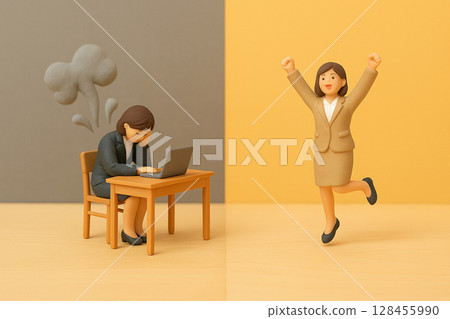 Smile after changing jobs! A miniature image showing the before and after of a 20-something office lady 128455990