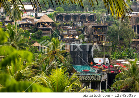Aerial drone view of Tegallalang Rice fields terraces in Ubud, Bali, Indonesia 128456059