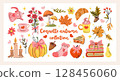 Whimsical coquette autumn vector set with pumpkins, cozy drinks, candles, leaves, books, and sweet girly elements perfect for fall planners, stickers, and seasonal design. 128456060