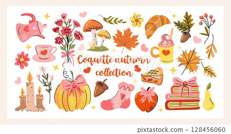 Whimsical coquette autumn vector set with pumpkins, cozy drinks, candles, leaves, books, and sweet girly elements perfect for fall planners, stickers, and seasonal design. 128456060