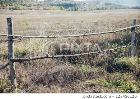 Fence in a field made of logs 128456120
