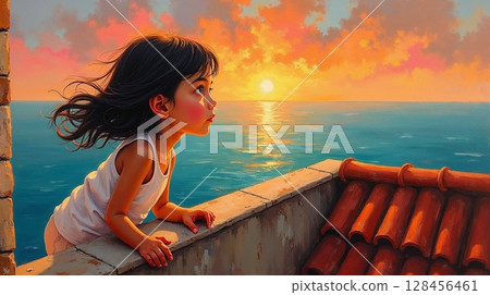 看著地中海日落的女孩 看著地中海日落的女孩 128456461