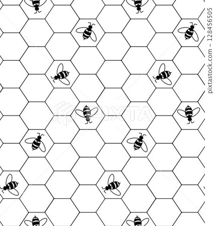 Beehive honey sign with hexagon grid cells and bee seamless pattern. Vector graphic line illustration. design for fashion graphics, textile prints, fabrics, wallpapers. 128456505