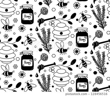 bee flowers and leaves seamless pattern. Vector graphic line illustration. Silhouette sign for logo, print, comics, fashion, pop art, boards, design, stickers, decoration, posters 128456516