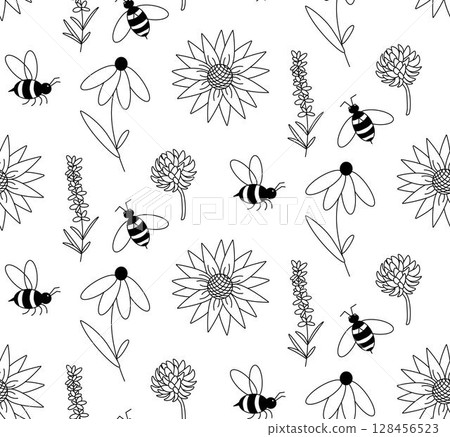 Daisy flower and bee seamless pattern. Vector graphic line illustration. Pretty hand drawn floral print. design for fashion graphics, textile prints, fabrics, wallpapers. Daisy flower and bee seamless pattern. Vector graphic line illustration. Pretty hand drawn floral print. design for fashion graphics, textile prints, fabrics, wallpapers. 128456523