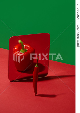Red chili pepper looking into mirror sees sweet bell pepper reflection 128456526