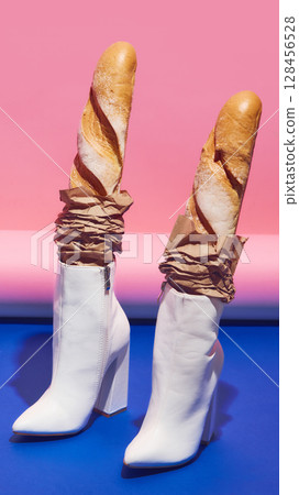 Two baguettes inside white high heel boots styled with crumpled paper on blue and pink background Two baguettes inside white high heel boots styled with crumpled paper on blue and pink background 128456528