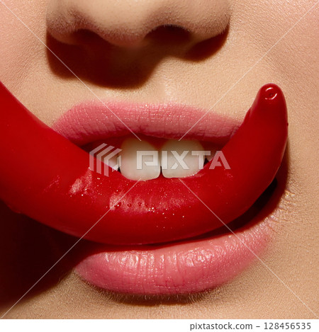 Close up of woman with red chili shaped like smile touching lips with confident expression 128456535