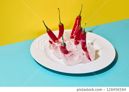 Multiple red chili peppers frozen in ice cubes on white plate with colorful background Multiple red chili peppers frozen in ice cubes on white plate with colorful background 128456584