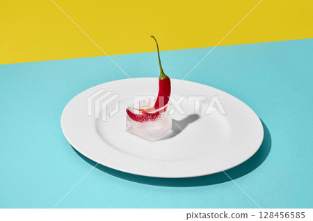 Red chili pepper frozen inside ice cube on white plate with vibrant background 128456585