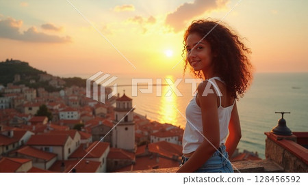 橙色地中海日落中的女人 128456592