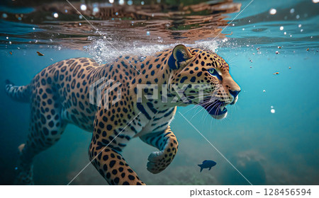Jaguar on the hunt.   A graceful wild cat that can swim excellently underwater is the jaguar. 128456594