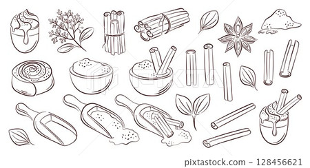 Cinnamon spice set with stick, powder scoop, flower, roll and leaf in line art style. Ideal for recipe book, packaging, kitchen decor and culinary design project. Cinnamon spice set with stick, powder scoop, flower, roll and leaf in line art style. Ideal for recipe book, packaging, kitchen decor and culinary design project. 128456621