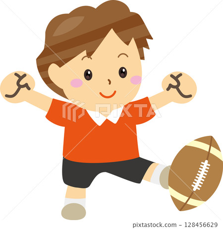 一個微笑的男孩踢橄欖球的插圖 128456629