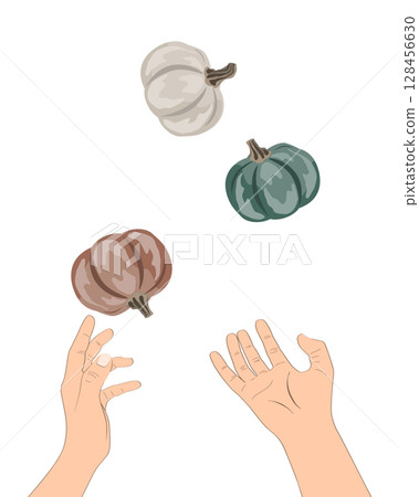 Hands juggling small cute acorn squashes. Thanksgiving or Halloween concept. Vector isolated illustration 128456630
