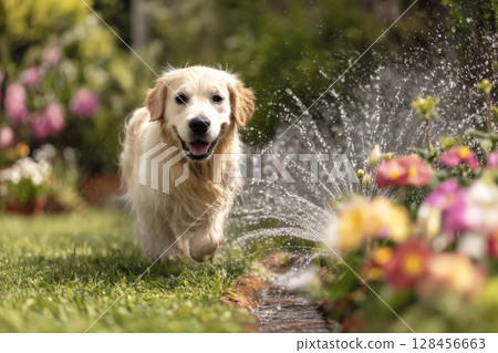 Golden retriever and flowers in the garden Golden retriever and flowers in the garden 128456663