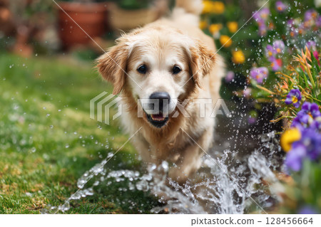 Golden retriever and flowers in the garden Golden retriever and flowers in the garden 128456664