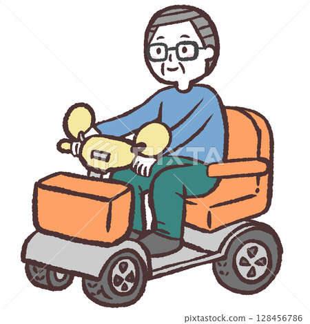 Illustration of a senior man riding an electric senior car Illustration of a senior man riding an electric senior car 128456786