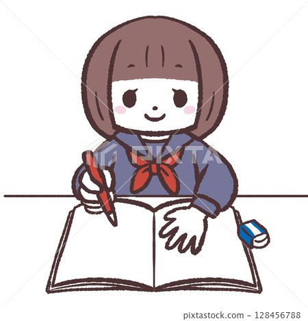Illustration of a female student writing in a notebook 128456788