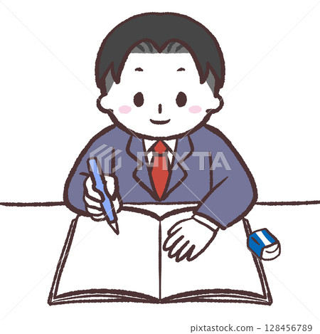 Illustration of a male student spreading out his notebook 128456789