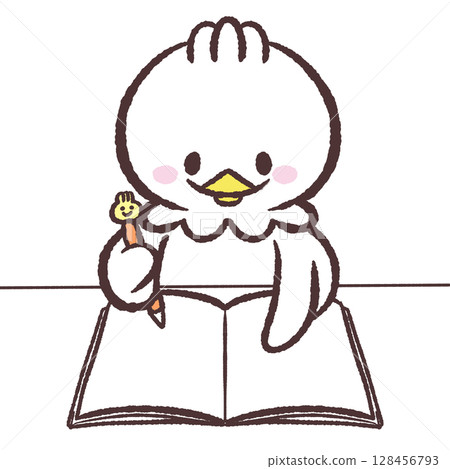 一隻白鳥攤開一本筆記本的插圖 128456793