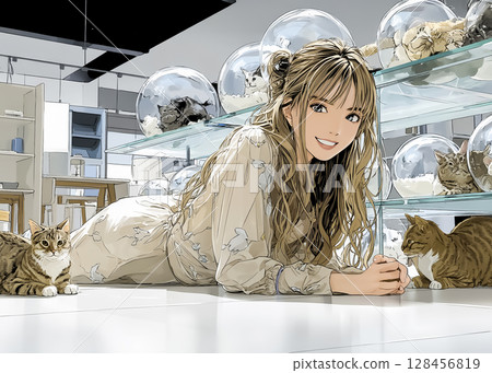 Cat Cafe - Illustration of a smiling woman surrounded by cats Cat Cafe - Illustration of a smiling woman surrounded by cats 128456819