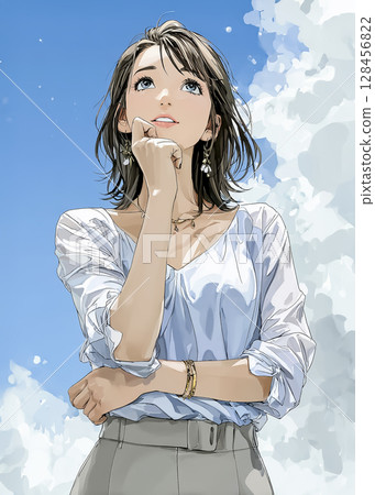 一位憂心忡忡的女商人仰望天空的插圖 128456822