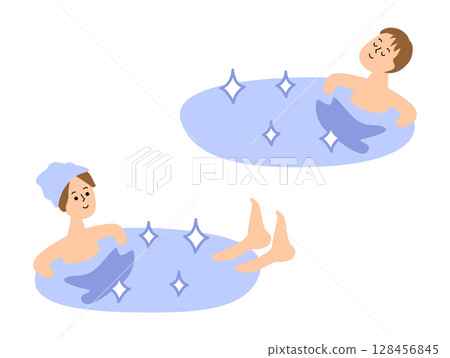 一組洗冷水澡的男人和女人的插圖 一組洗冷水澡的男人和女人的插圖 128456845