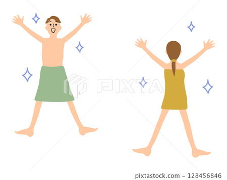 Illustration set of men and women wrapping bath towels around their bodies and cheering with their faces 128456846