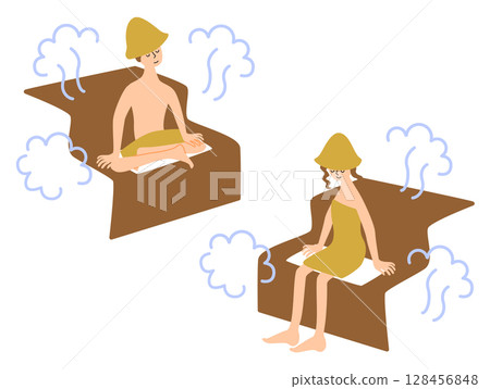 一組坐在桑拿房裡的男人和女人的插圖 128456848
