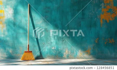 Broom leaning against grunge wall casting a shadow in sunlight Broom leaning against grunge wall casting a shadow in sunlight 128456851
