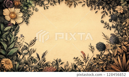 Hand-drawn flowers frame creating decorative border on parchment background 128456852