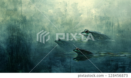 Three frogs swimming in murky swamp water at dusk Three frogs swimming in murky swamp water at dusk 128456873