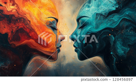 Two faces merging, representing fire and water elements, symbolizing duality 128456897