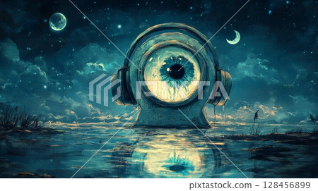 Giant eye with headphones listening to music under the night sky 128456899
