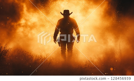 Cowboy silhouette walking through wild west inferno at night 128456939