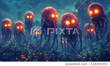 Glowing red alien creatures invading futuristic city at night 128456958