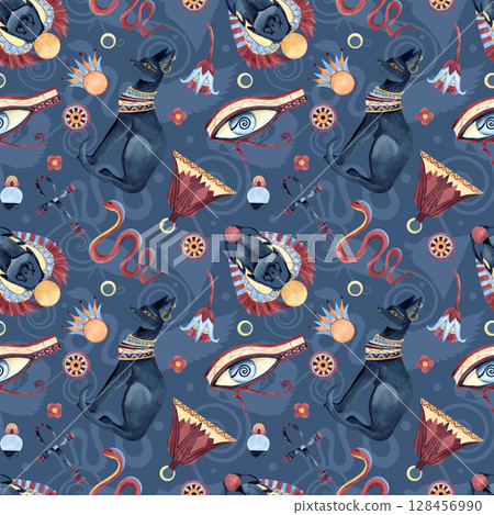 Egyptian seamless pattern, icon symbols, ancient ornaments. Bastet, Scarab beetle, Eye of Horus, Ankh, abstract lotus. Watercolor clip art illustration isolated on blue background with shadows Egyptian seamless pattern, icon symbols, ancient ornaments. Bastet, Scarab beetle, Eye of Horus, Ankh, abstract lotus. Watercolor clip art illustration isolated on blue background with shadows 128456990