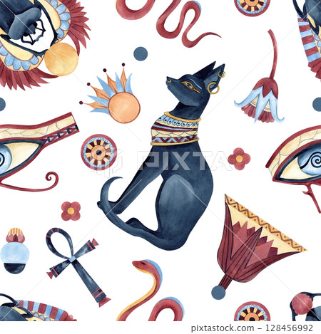 Egyptian style seamless pattern, symbols, ancient ornaments. Bastet, Scarab beetle, Eye of Horus, Ankh, geometric figures, abstract flowers lotus. Watercolor illustration isolated from background Egyptian style seamless pattern, symbols, ancient ornaments. Bastet, Scarab beetle, Eye of Horus, Ankh, geometric figures, abstract flowers lotus. Watercolor illustration isolated from background 128456992