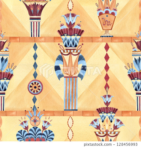 Egyptian lotus ancient column seamless pattern. Ethnic symbols, ornate abstract pyramids. Watercolor colorful illustration isolated on yellow background for souvenir products, textile, decoration Egyptian lotus ancient column seamless pattern. Ethnic symbols, ornate abstract pyramids. Watercolor colorful illustration isolated on yellow background for souvenir products, textile, decoration 128456993