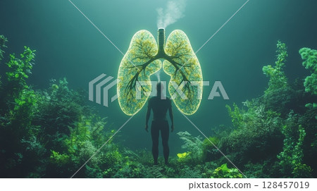 Man contemplating glowing green lungs in lush forest representing environmental health Man contemplating glowing green lungs in lush forest representing environmental health 128457019