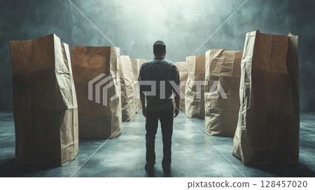 Businessman standing between large paper bags in dark room Businessman standing between large paper bags in dark room 128457020