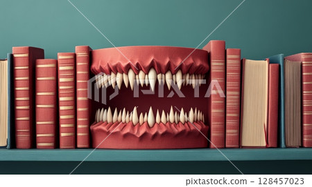 Monster mouth hiding among books on bookshelf, biting literature and education Monster mouth hiding among books on bookshelf, biting literature and education 128457023